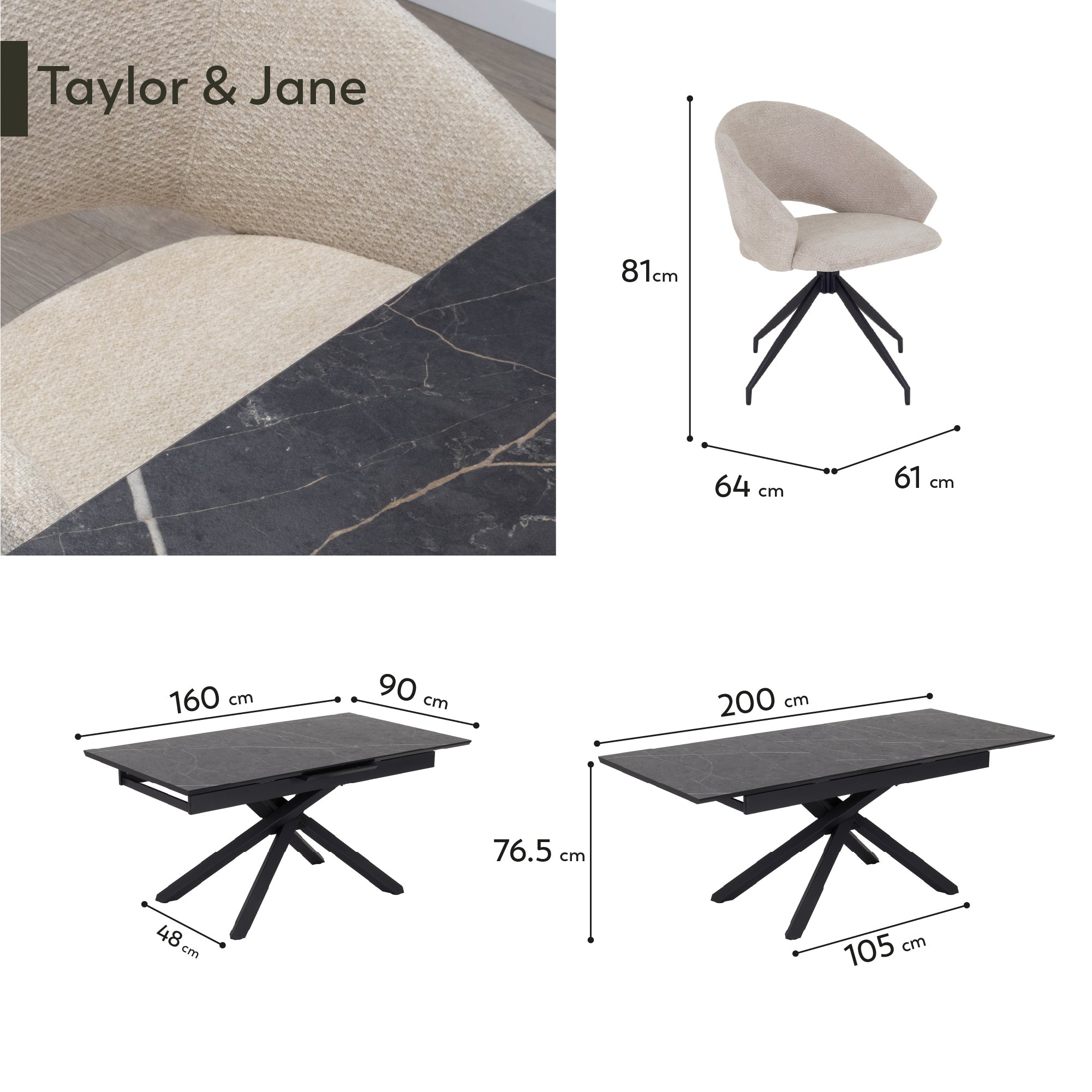 TAYLOR + JANE | Conjunto de mesa de comedor extensible 160-200x90 cm con 6 u 8 sillas en tejido beige y tablero efecto mármol negro
