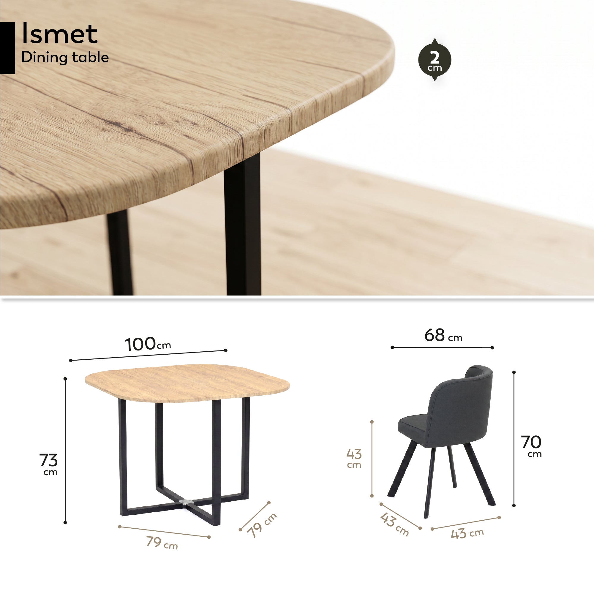 ISMET - Conjunto de mesa e 4 cadeiras de refeição 100 × 100 cm, efeito madeira natural, tecido cinzento e estrutura metálica preta