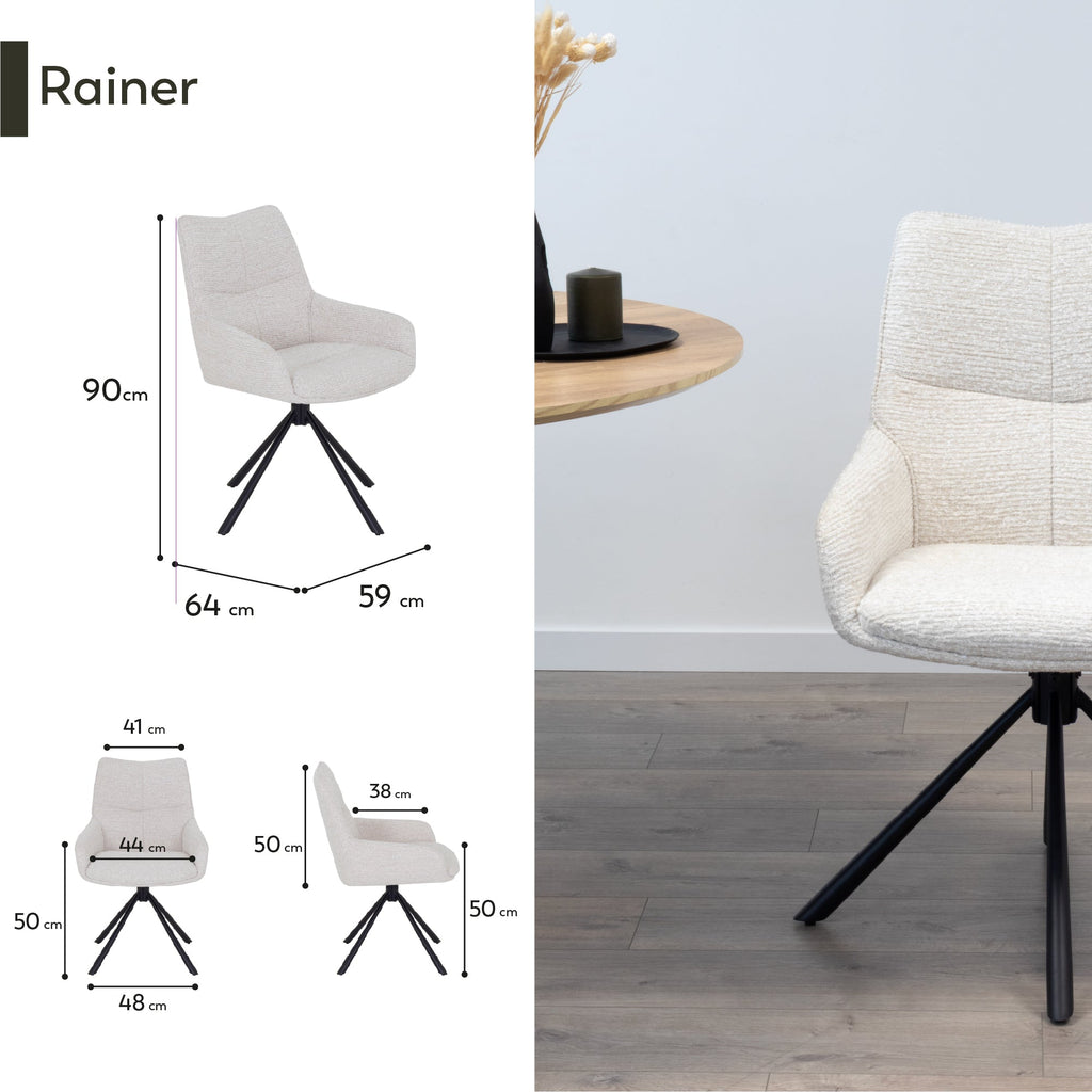 RAINER - Conjunto de 2 sillas de comedor tapizadas y giratorias 360°, en tejido beige con estructura de metal negro