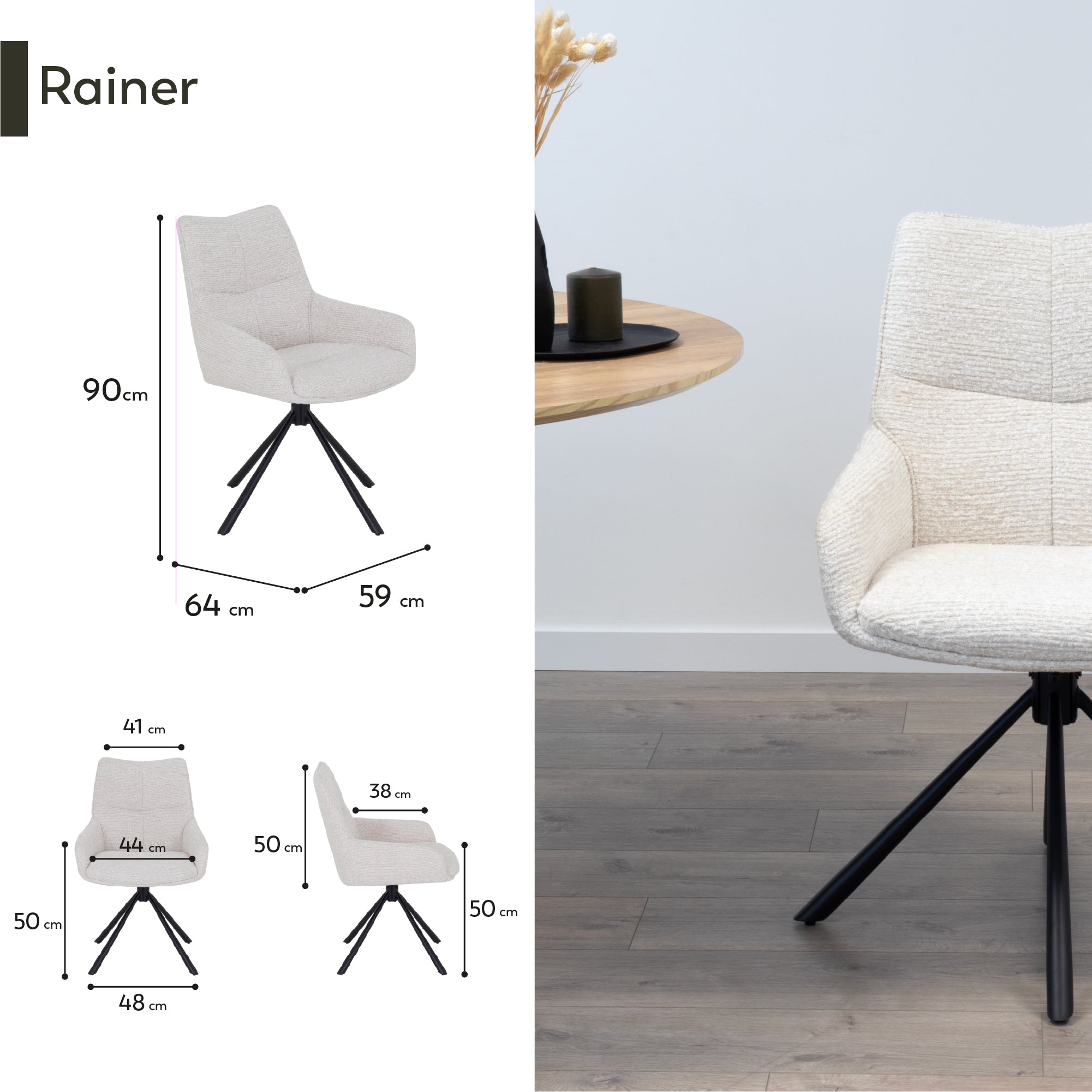 RAINER - Conjunto de 2 sillas de comedor tapizadas y giratorias 360°, en tejido beige con estructura de metal negro