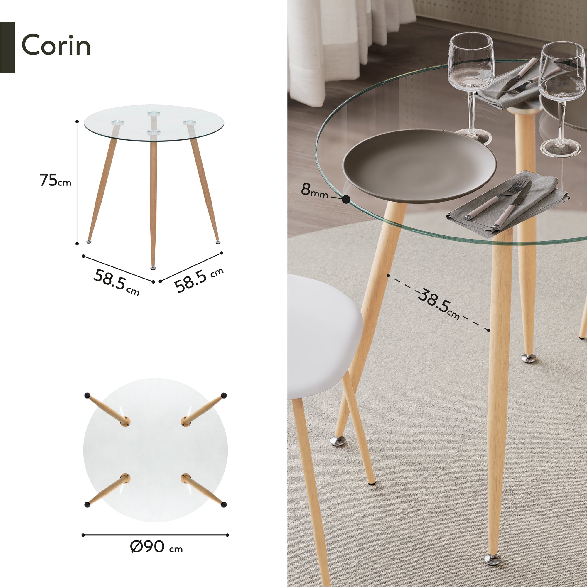 CORIN - Mesa de comedor con tablero de vidrio