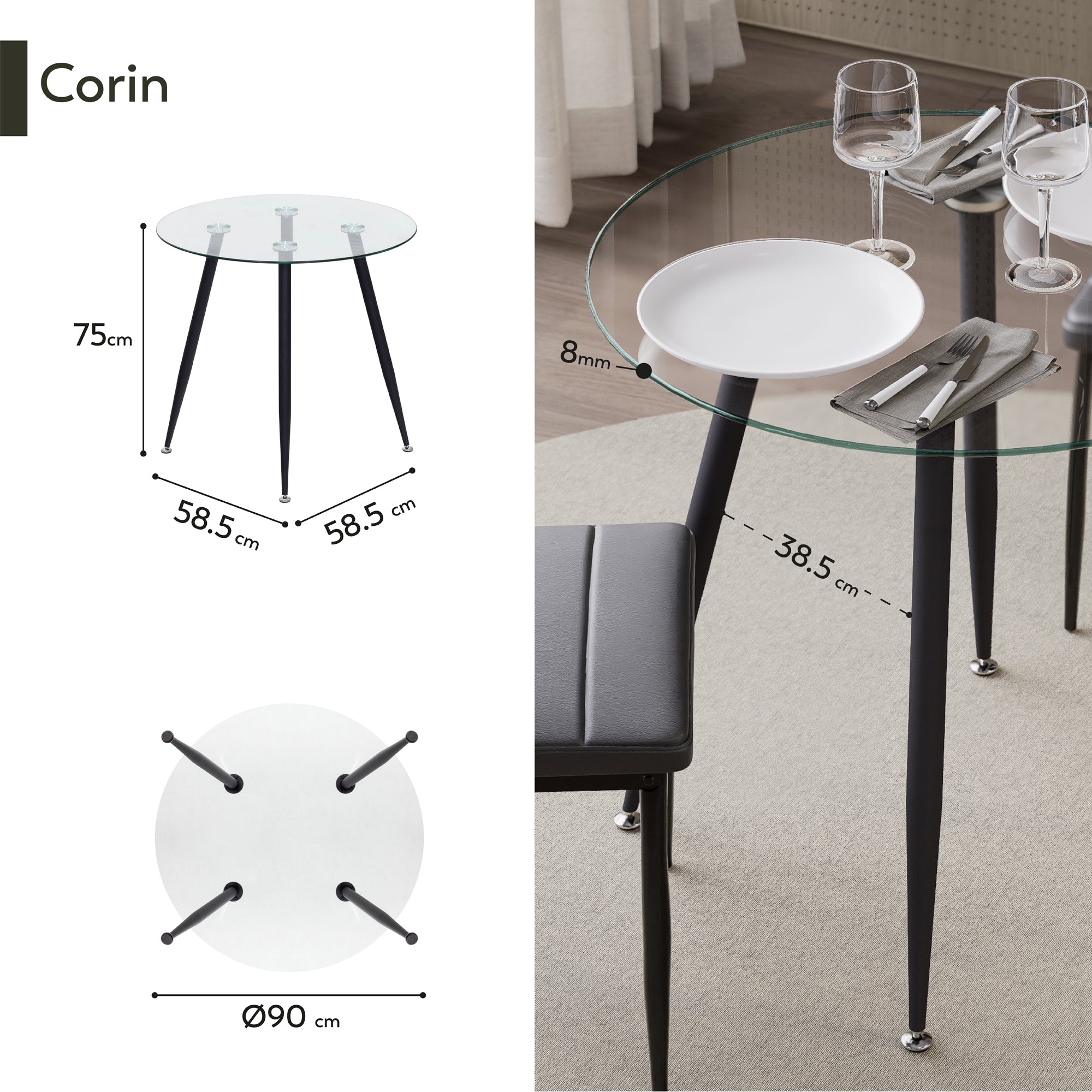 CORIN - Mesa de comedor con tablero de vidrio