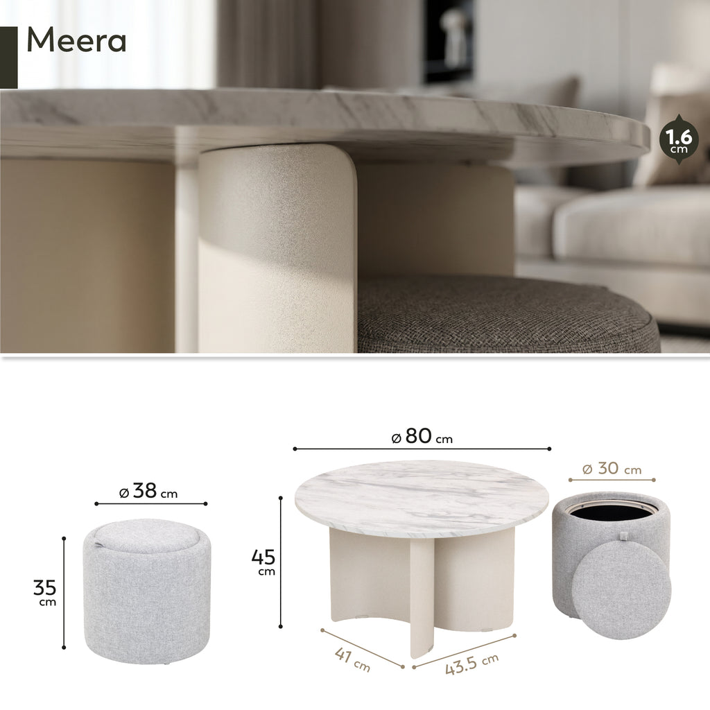 MEERA - Mesa de centro com 2 assentos cinzentos, tampo efeito mármore e estrutura metálica