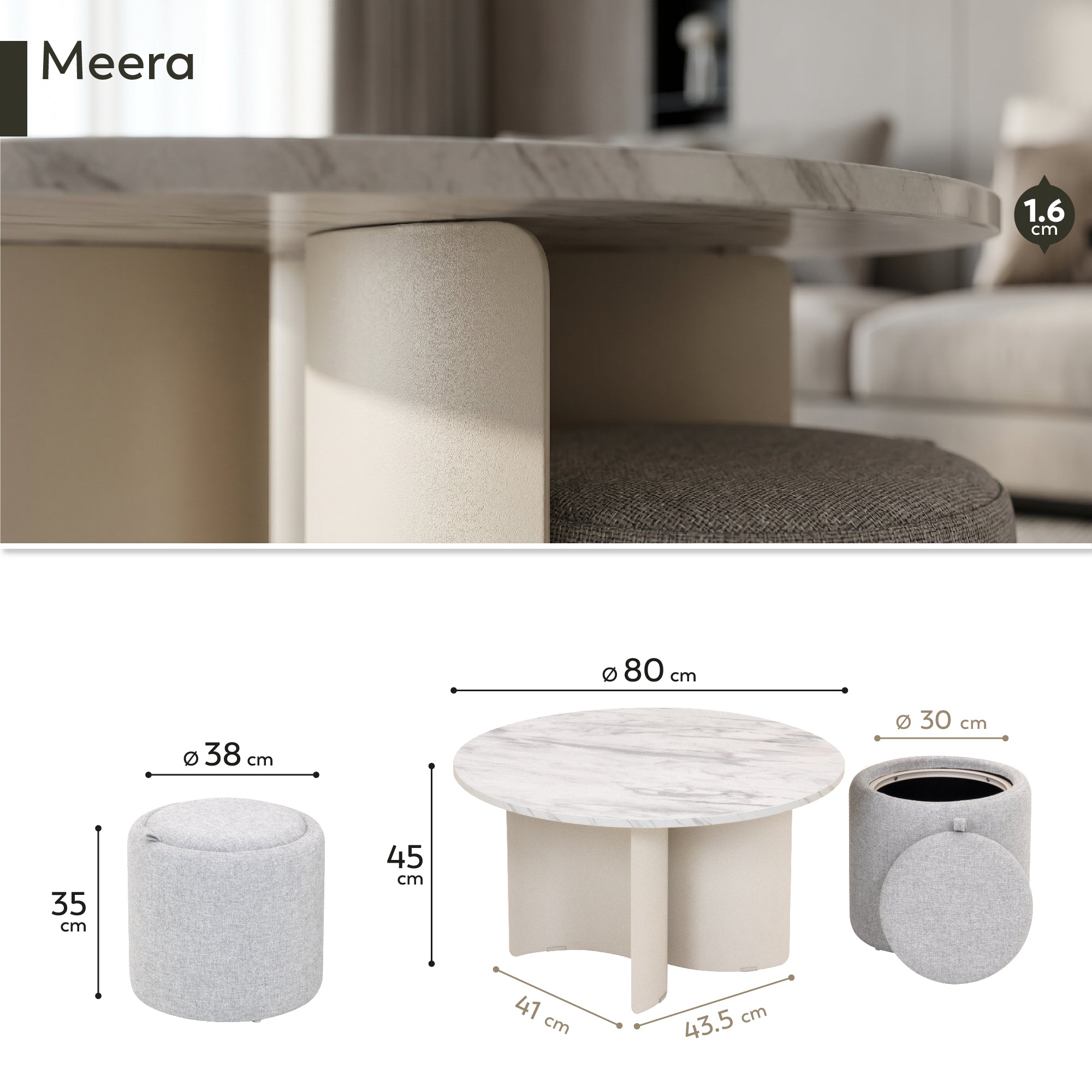 MEERA - Mesa de centro com 2 assentos cinzentos, tampo efeito mármore e estrutura metálica