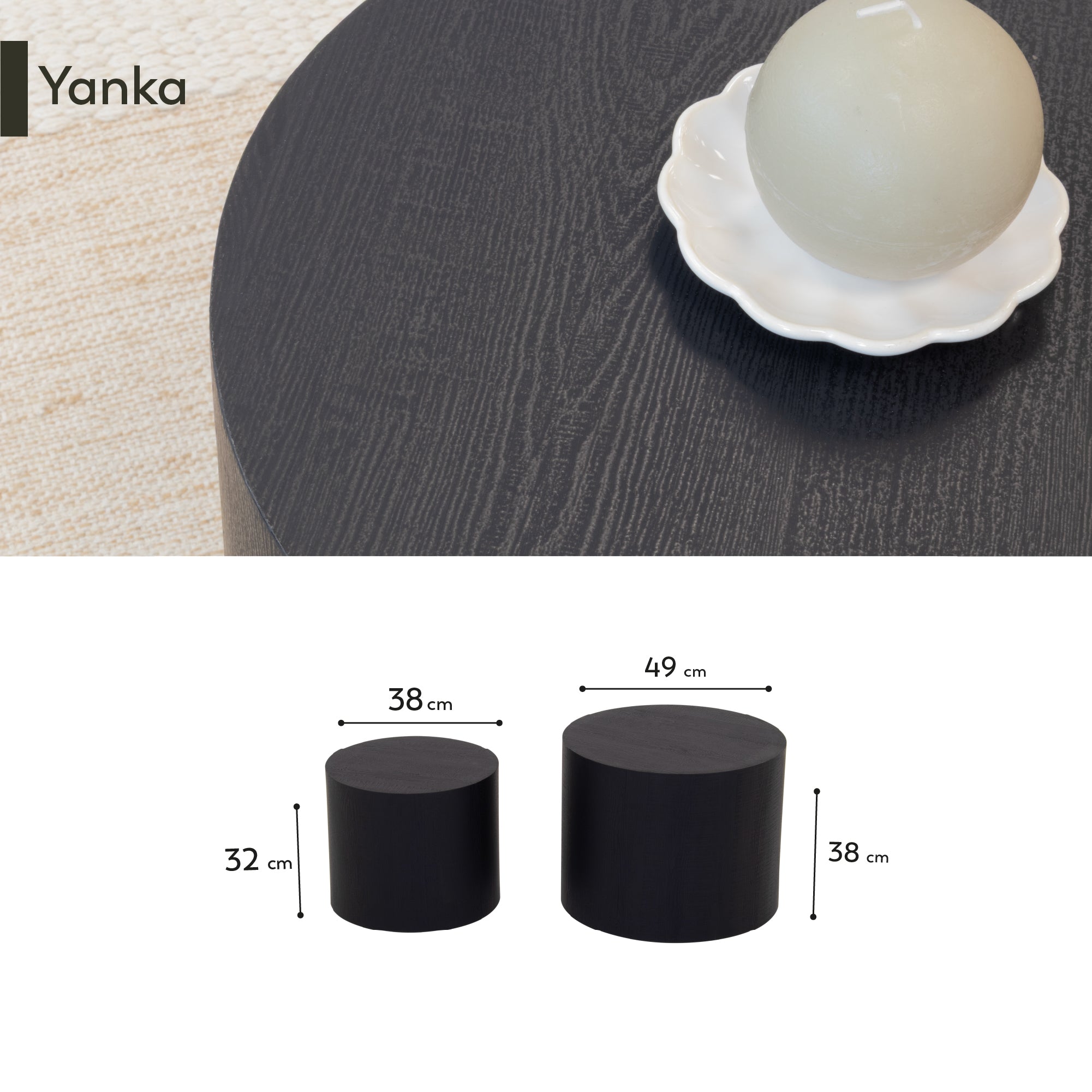 YANKA - Set di 2 tavolini da caffè in MDF nero opaco - Ø 49 e Ø 38 cm