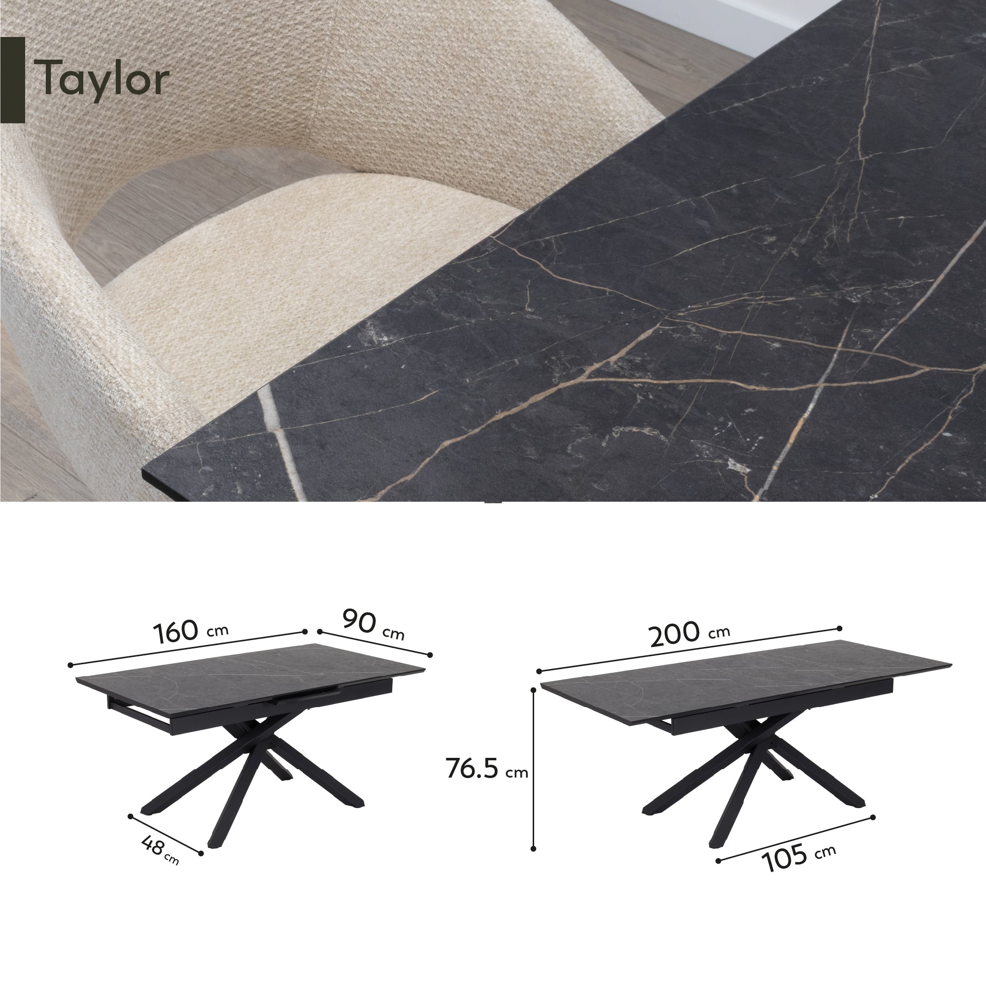 TAYLOR - Mesa de comedor/cocina extensible con tablero de 2,5 cm en melamina con efecto mármol y estructura de metal negro