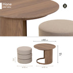 HONE - Mesa de centro Ø60 x 45 cm em melamina efeito carvalho com 3 puffs redondos em tecido bege