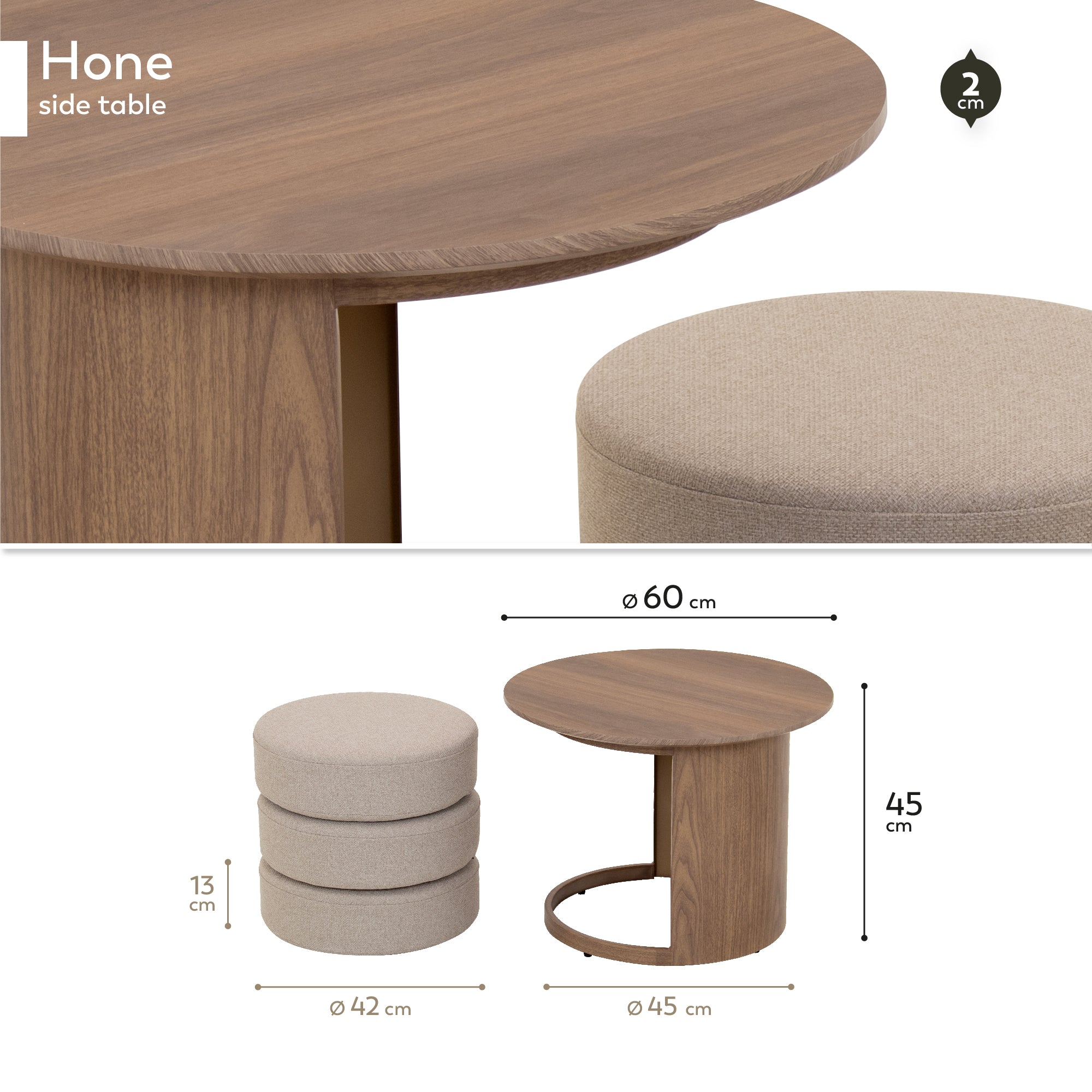 HONE - Mesa de centro Ø60 x 45 cm em melamina efeito carvalho com 3 puffs redondos em tecido bege