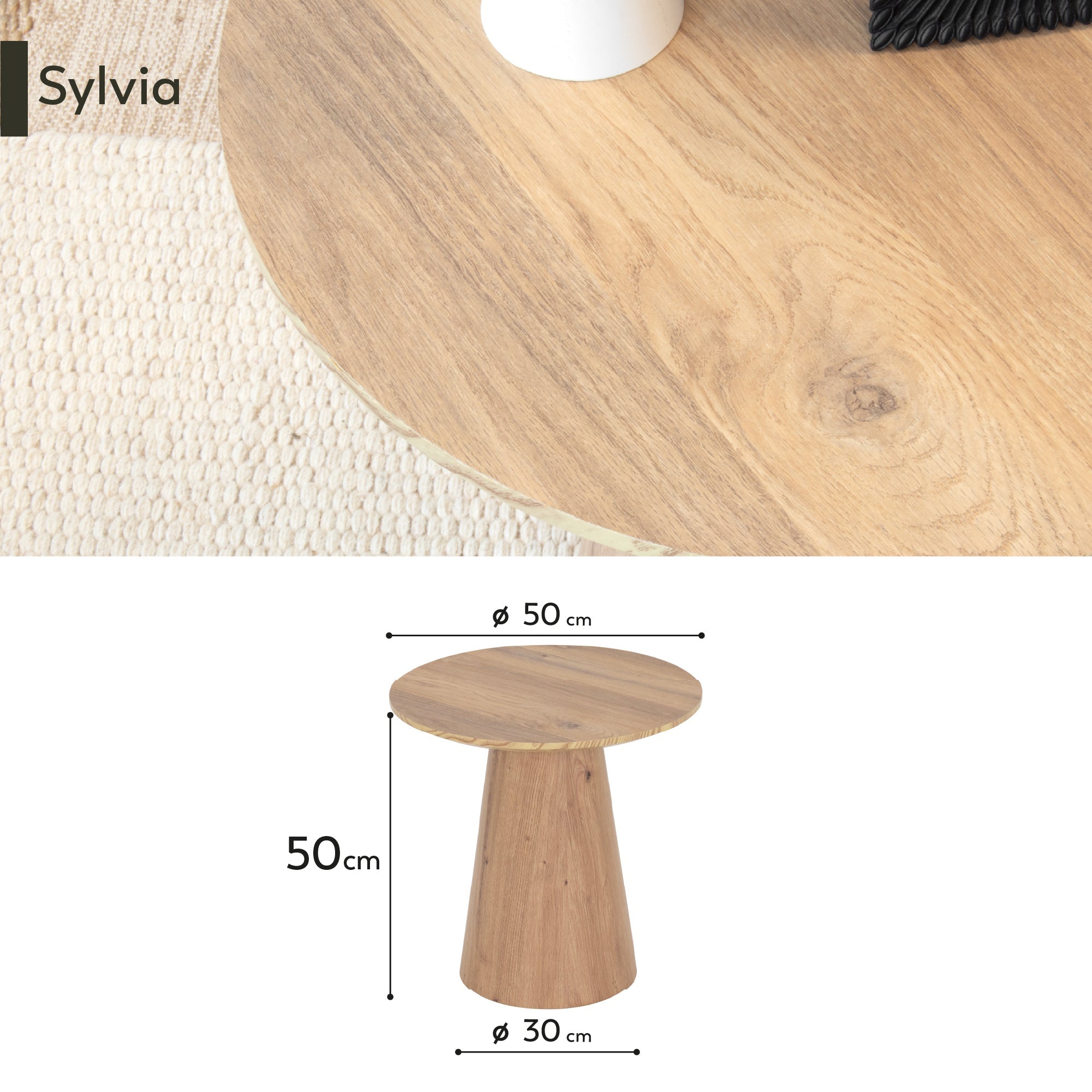 SYLVIA - Mesa auxiliar con tablero de melamina de 25 mm y estructura de MDF con efecto madera (Ø 50 x 50 cm)