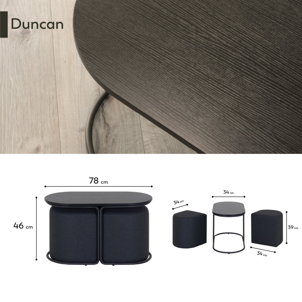 DUCAN - Mesa de centro com 2 módulos de assento pretos, tampo em melamina preta com efeito madeira e estrutura metálica preta