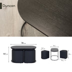 DUCAN - Mesa de centro com 2 módulos de assento pretos, tampo em melamina preta com efeito madeira e estrutura metálica preta