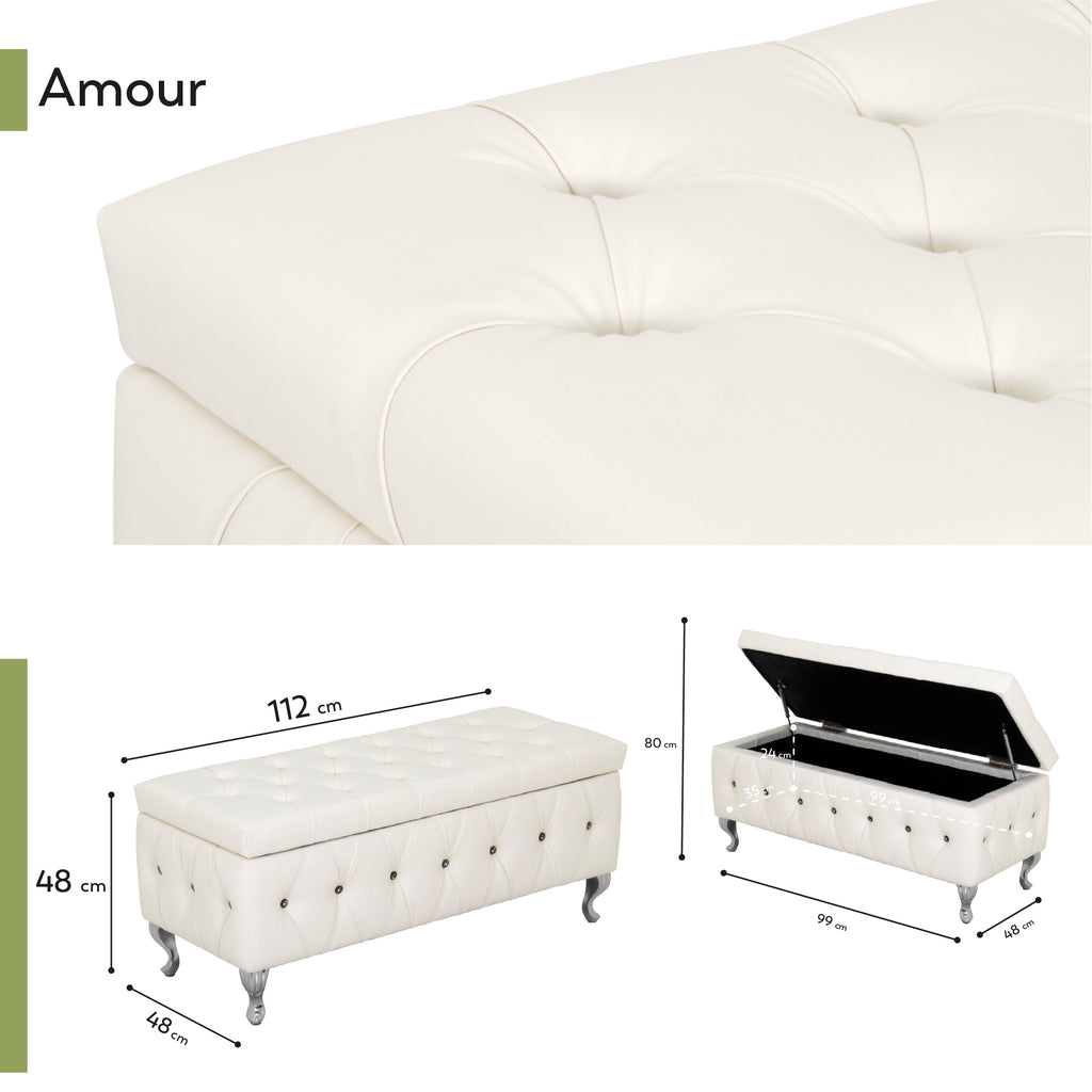 AMOUR - Banqueta baú em pele sintética branca com botões decorativos efeito diamante preto, arrumação interior e pernas cromadas
