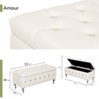 AMOUR - Banqueta baú em pele sintética branca com botões decorativos efeito diamante preto, arrumação interior e pernas cromadas
