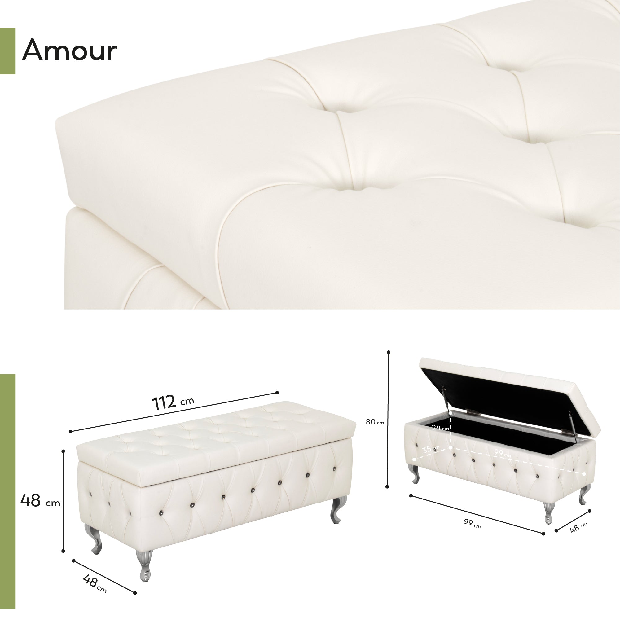 AMOUR - Banqueta baú em pele sintética branca com botões decorativos efeito diamante preto, arrumação interior e pernas cromadas