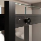 KAYLEE - Cabina de ducha angular con puertas correderas, cristal transparente de 6 mm y perfil negro mate