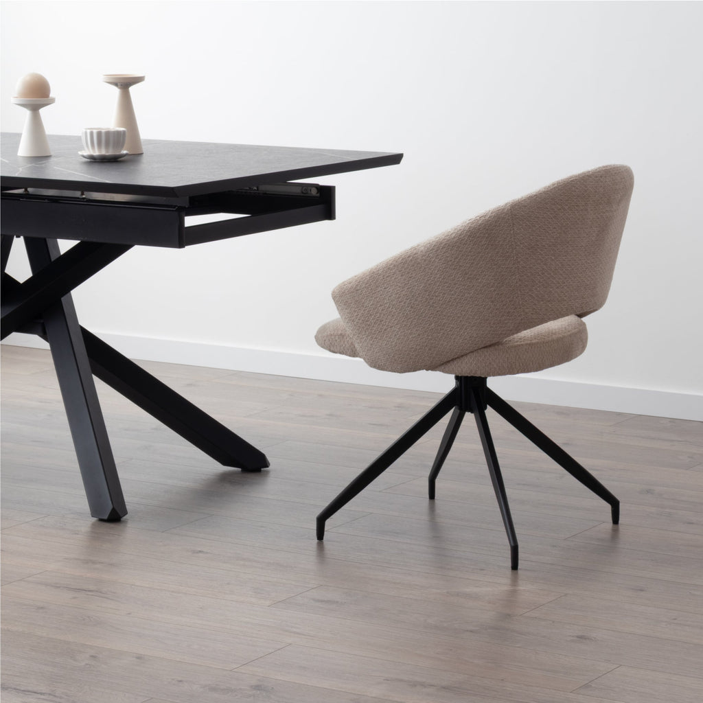 JANE - Conjunto de 2 sillas de comedor tapizadas y giratorias 360°, en tejido beige con estructura de metal negro