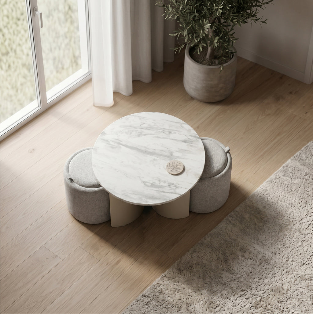 MEERA - Mesa de centro com 2 assentos cinzentos, tampo efeito mármore e estrutura metálica