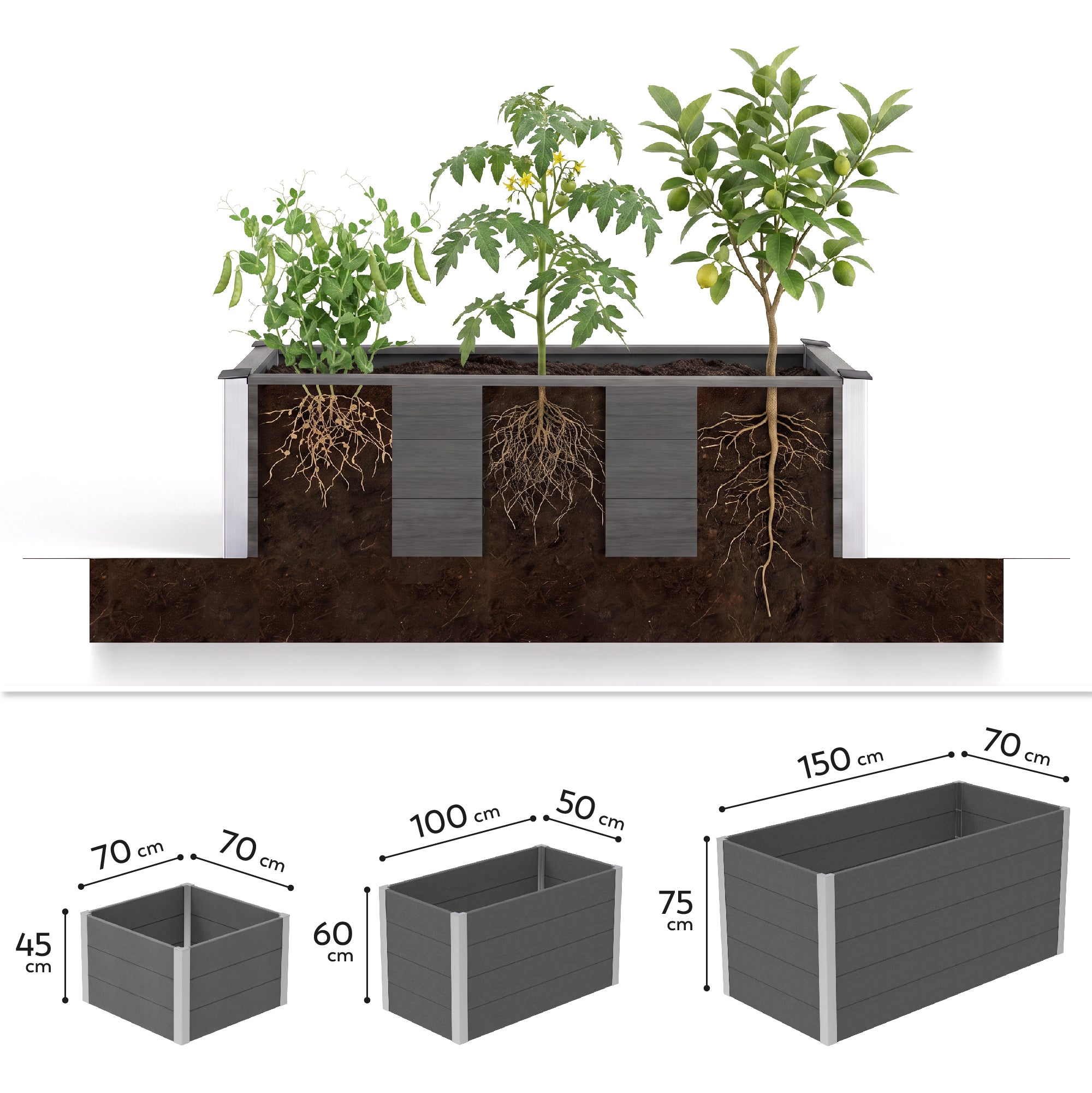BOTAN - Jardinera elevada de exterior de WPC, rectangular o cuadrada, sin fondo, 221, 300 o 788 L