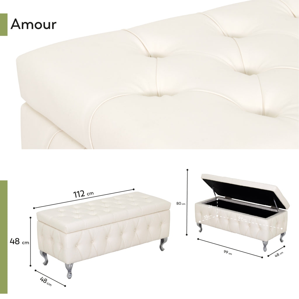 AMOUR - Banqueta baú em pele sintética branca com arrumação interior, assento capitonné e pernas cromadas