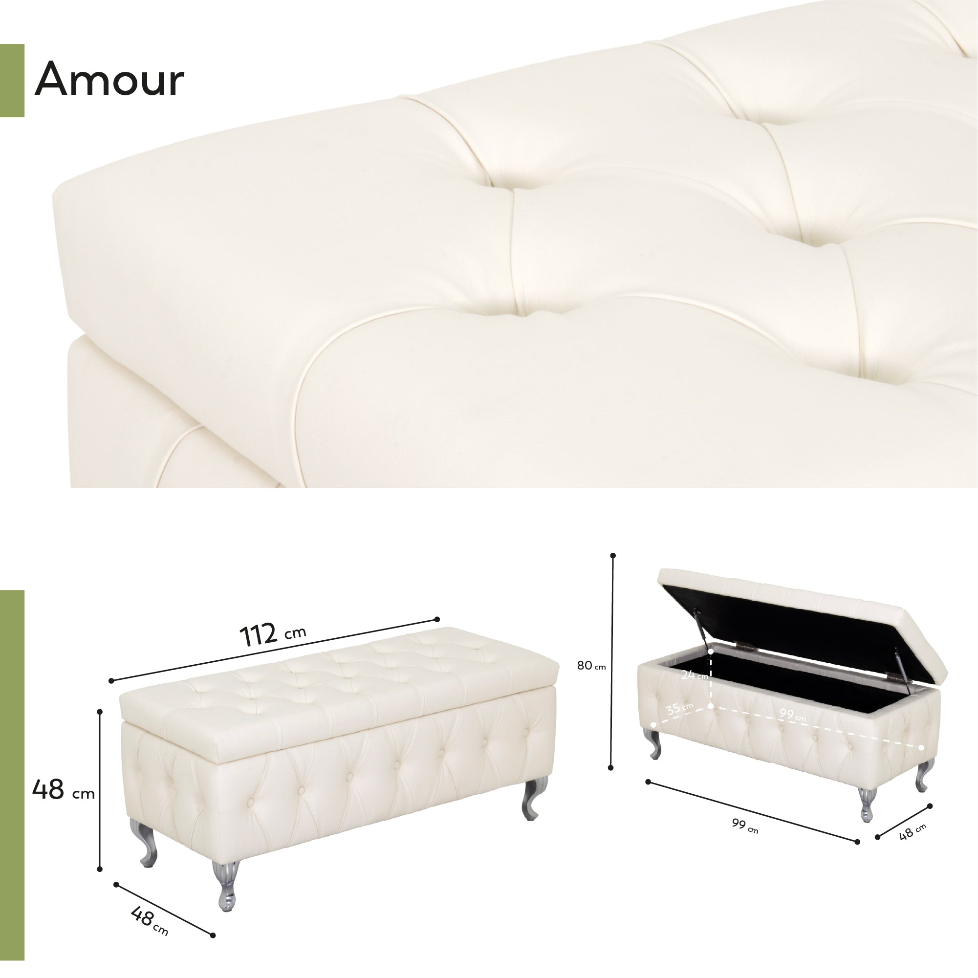 AMOUR - Banqueta baú em pele sintética branca com arrumação interior, assento capitonné e pernas cromadas