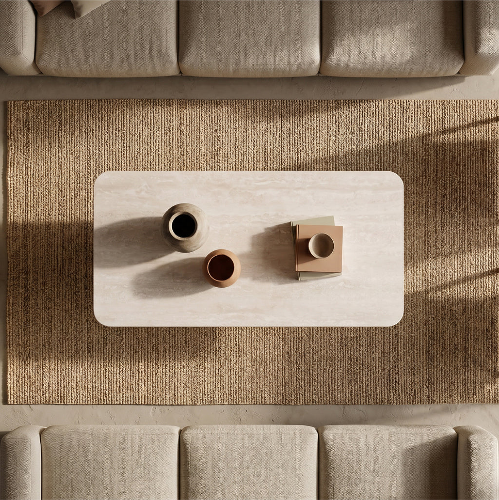 RILKE - Mesa de centro con tablero efecto piedra beige claro y estructura metálica crema