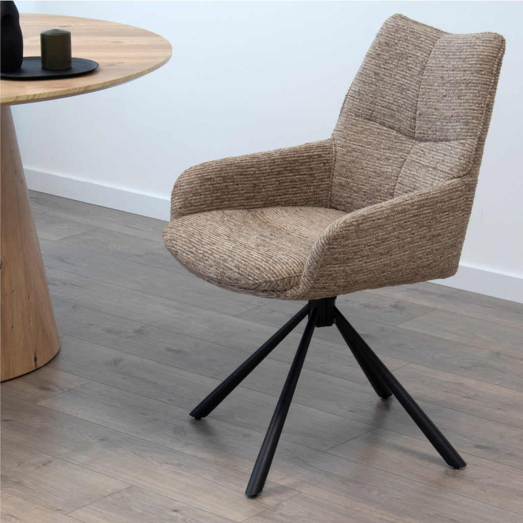 RAINER - Conjunto de 2 sillas de comedor giratorias 360°, en tejido marrón, estructura de metal negro
