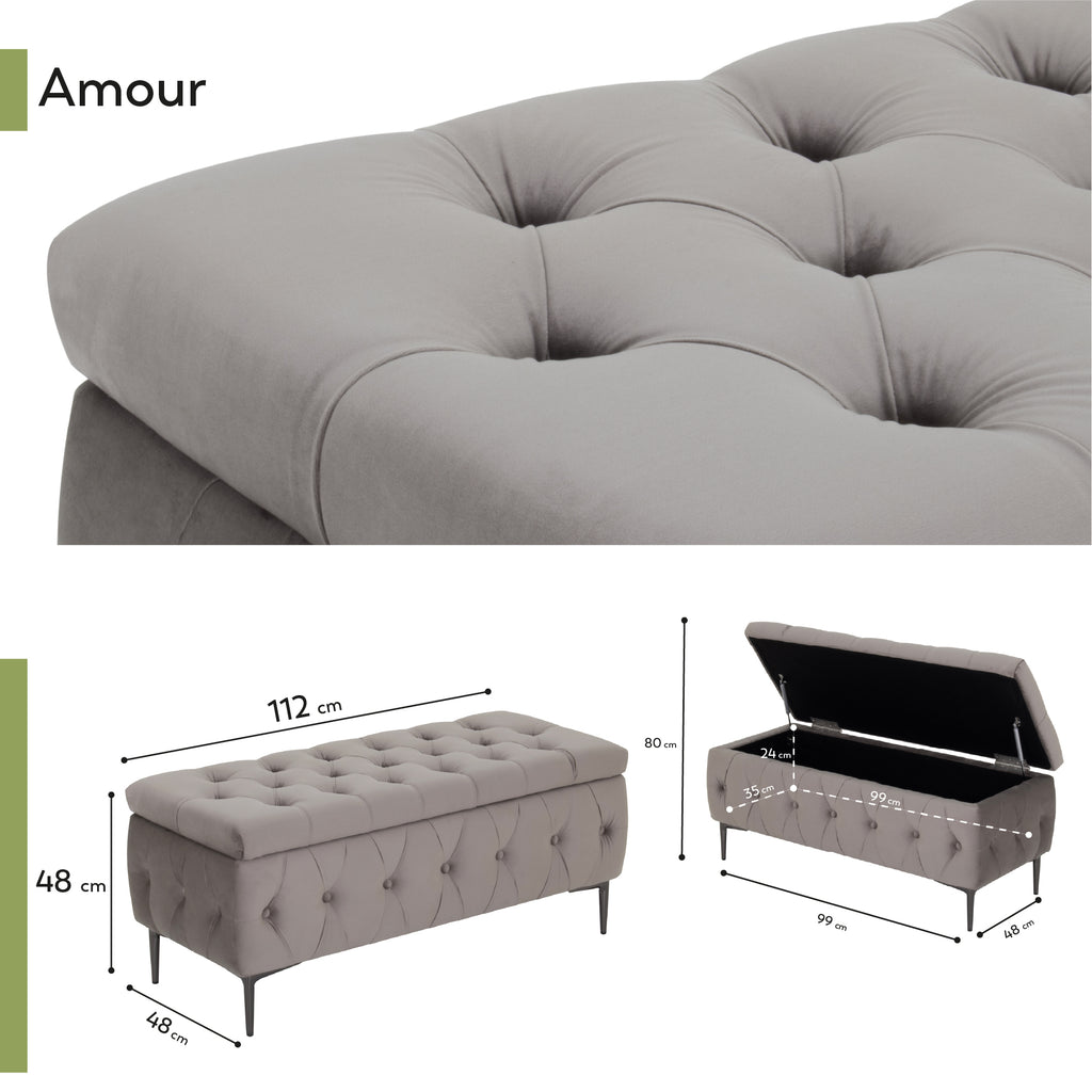 AMOUR - Banqueta baú em veludo cinzento com arrumação interior, assento capitonné e pernas metálicas pretas
