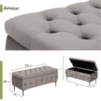 AMOUR - Banqueta baú em veludo cinzento com arrumação interior, assento capitonné e pernas metálicas pretas