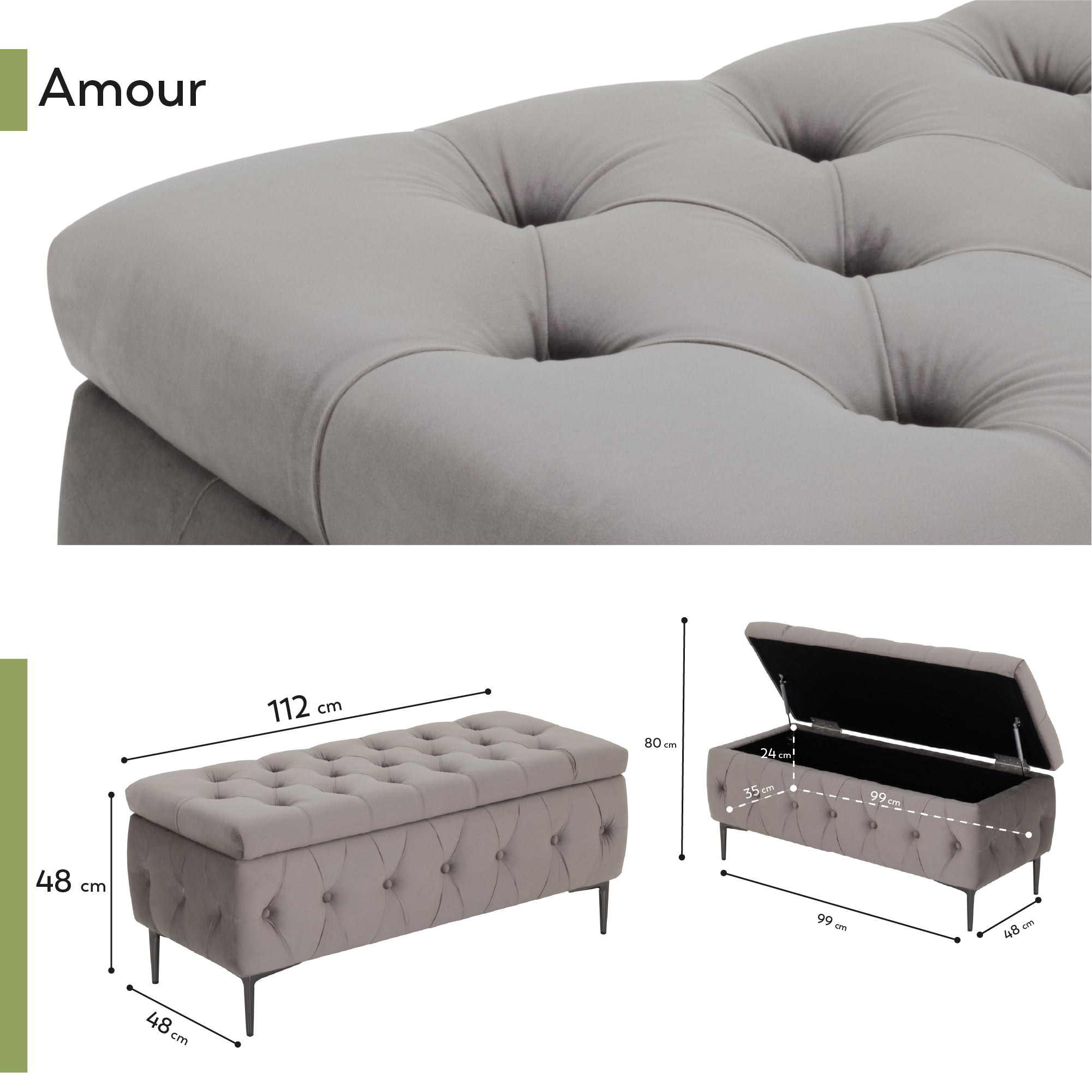 AMOUR - Banqueta baú em veludo cinzento com arrumação interior, assento capitonné e pernas metálicas pretas