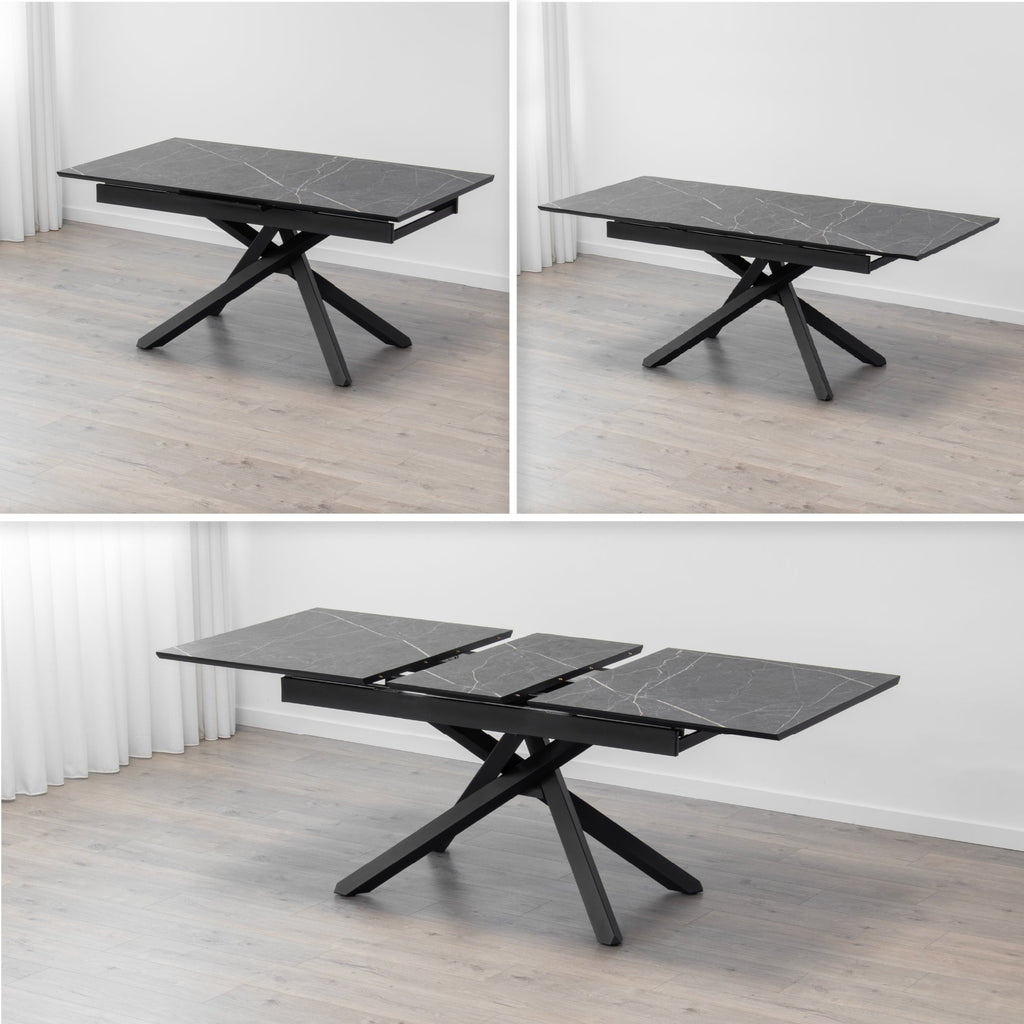 TAYLOR + JANE | Conjunto de mesa de comedor extensible 160-200x90 cm con 6 u 8 sillas en tejido beige y tablero efecto mármol negro
