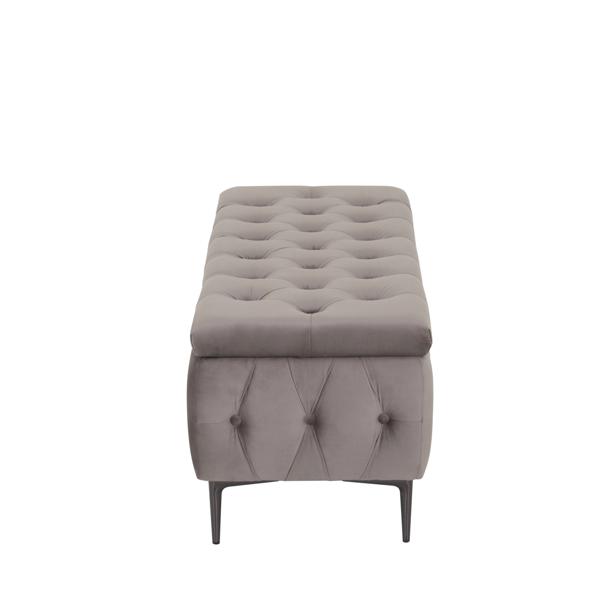 AMOUR - Banqueta baú em veludo cinzento com arrumação interior, assento capitonné e pernas metálicas pretas