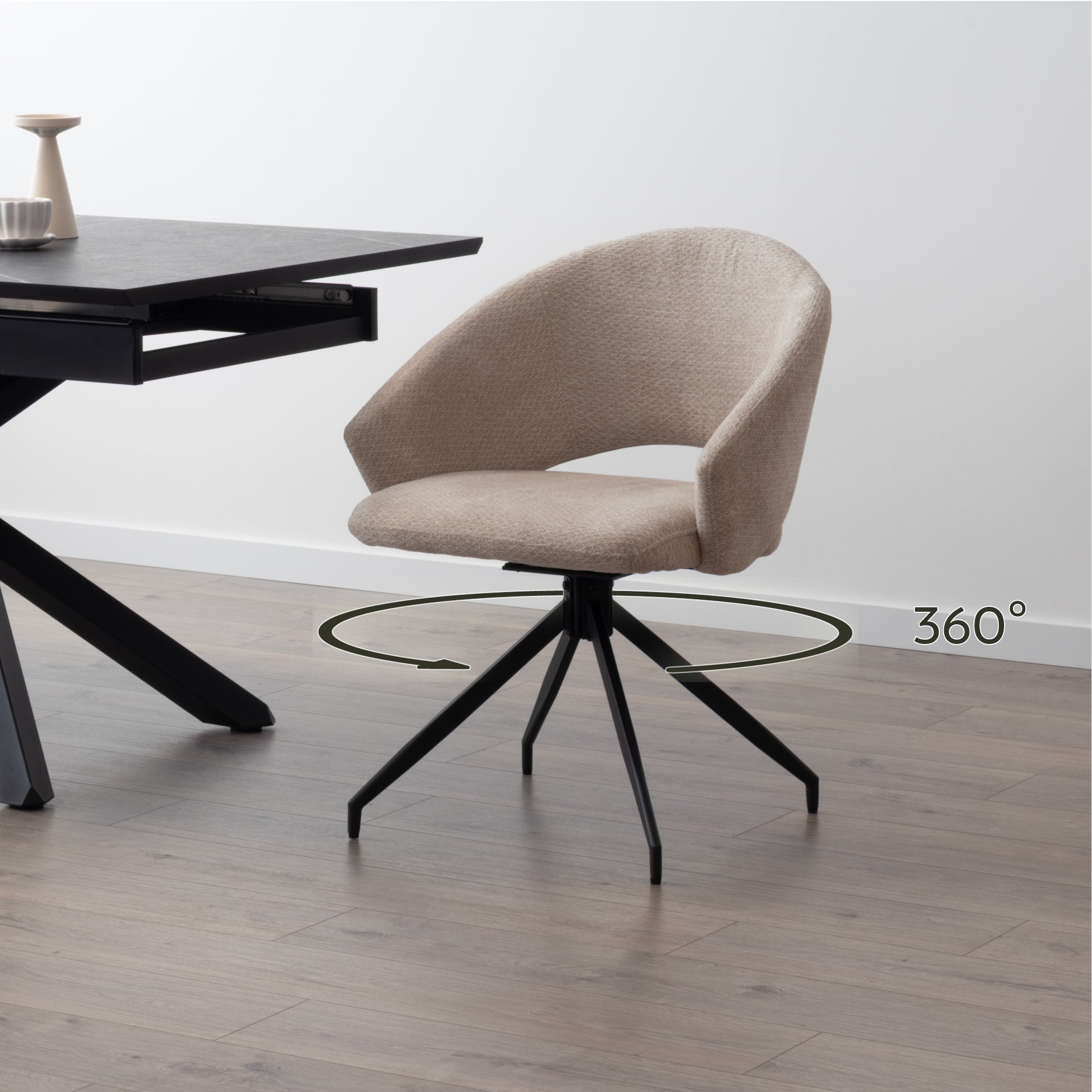 TAYLOR + JANE | Conjunto de mesa de comedor extensible 160-200x90 cm con 6 u 8 sillas en tejido beige y tablero efecto mármol negro
