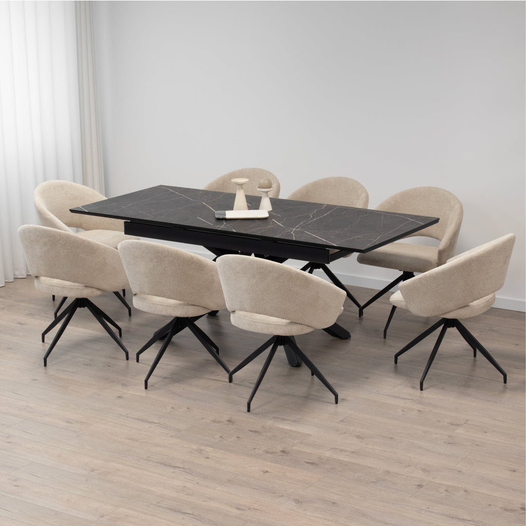 TAYLOR - Mesa de comedor/cocina extensible con tablero de 2,5 cm en melamina con efecto mármol y estructura de metal negro