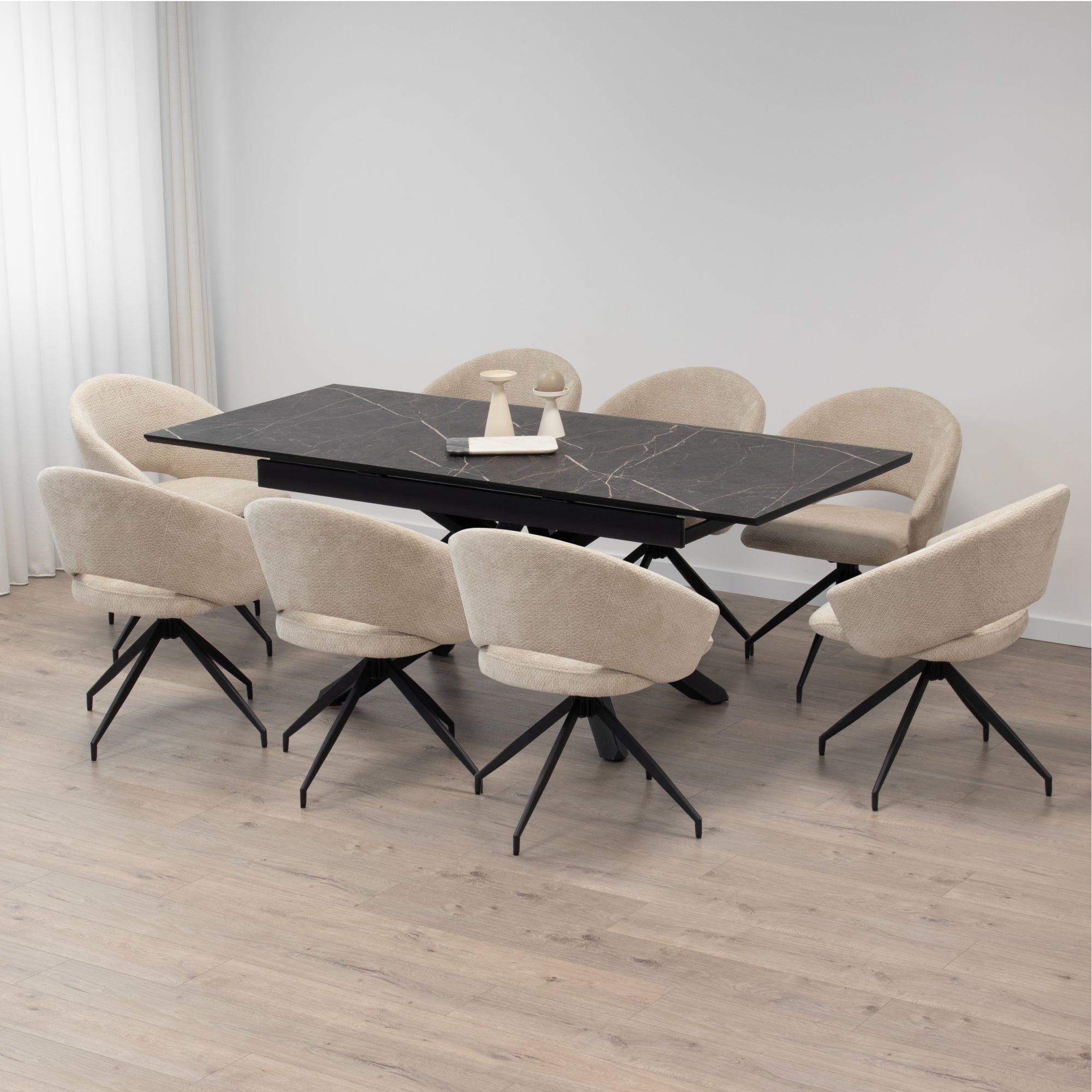 TAYLOR - Mesa de comedor/cocina extensible con tablero de 2,5 cm en melamina con efecto mármol y estructura de metal negro