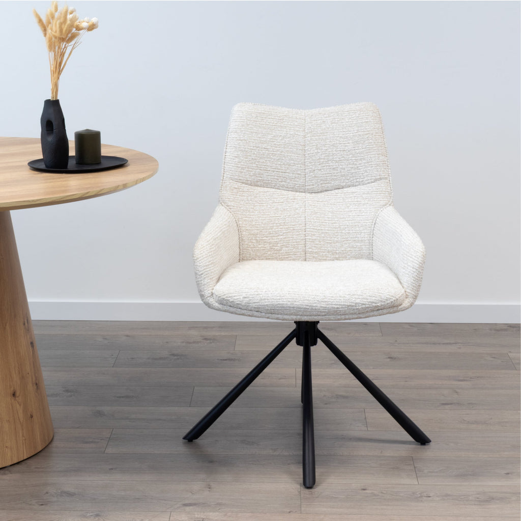 RAINER - Conjunto de 2 sillas de comedor tapizadas y giratorias 360°, en tejido beige con estructura de metal negro