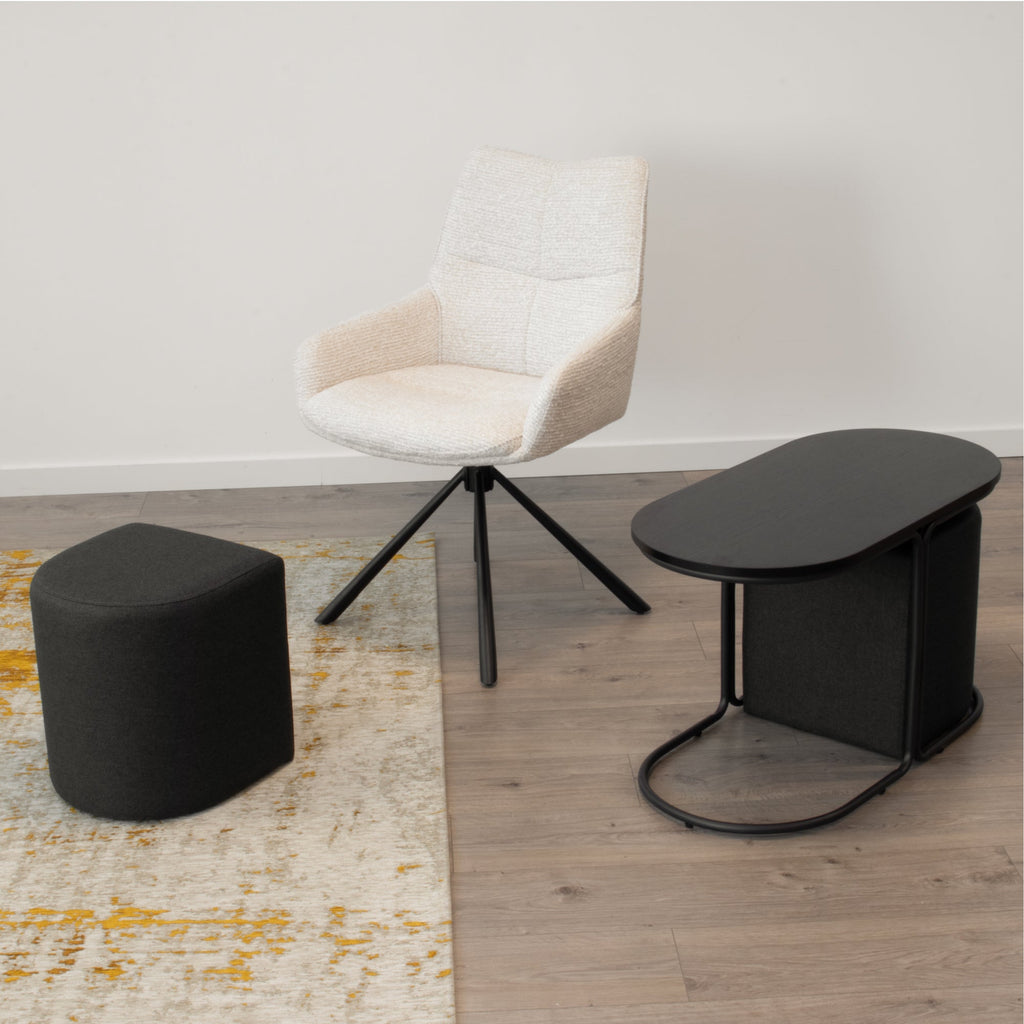 DUCAN - Mesa de centro com 2 módulos de assento pretos, tampo em melamina preta com efeito madeira e estrutura metálica preta