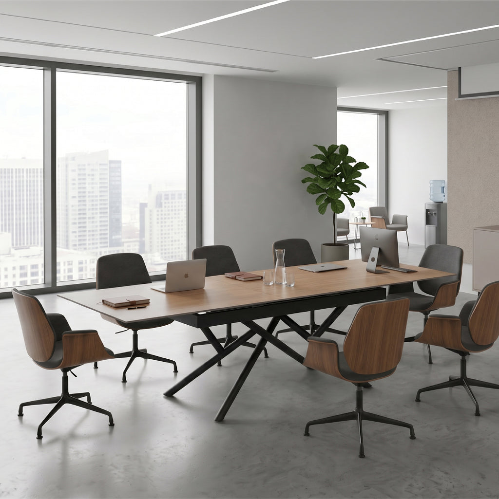 ALISON - Mesa de jantar extensível 160–200 × 90 cm, tampo cerâmico efeito madeira e estrutura metálica preta