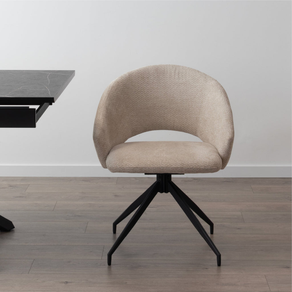 JANE - Conjunto de 2 sillas de comedor tapizadas y giratorias 360°, en tejido beige con estructura de metal negro