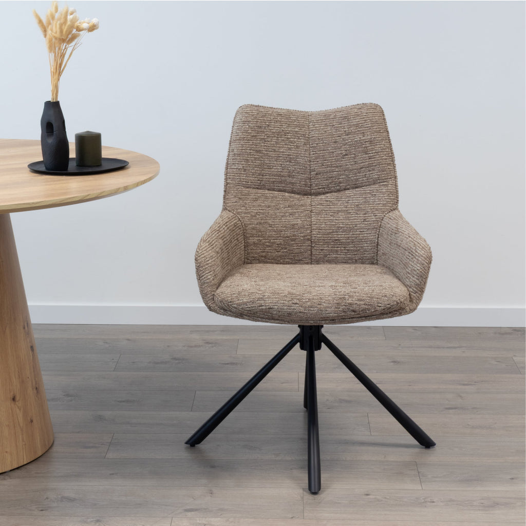 RAINER - Conjunto de 2 sillas de comedor giratorias 360°, en tejido marrón, estructura de metal negro