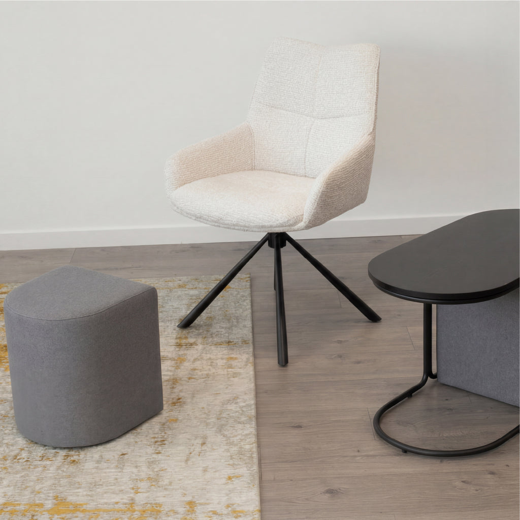 DUNCAN - Mesa de centro efeito madeira preta com 2 bancos em tecido cinzento, 78x34 cm