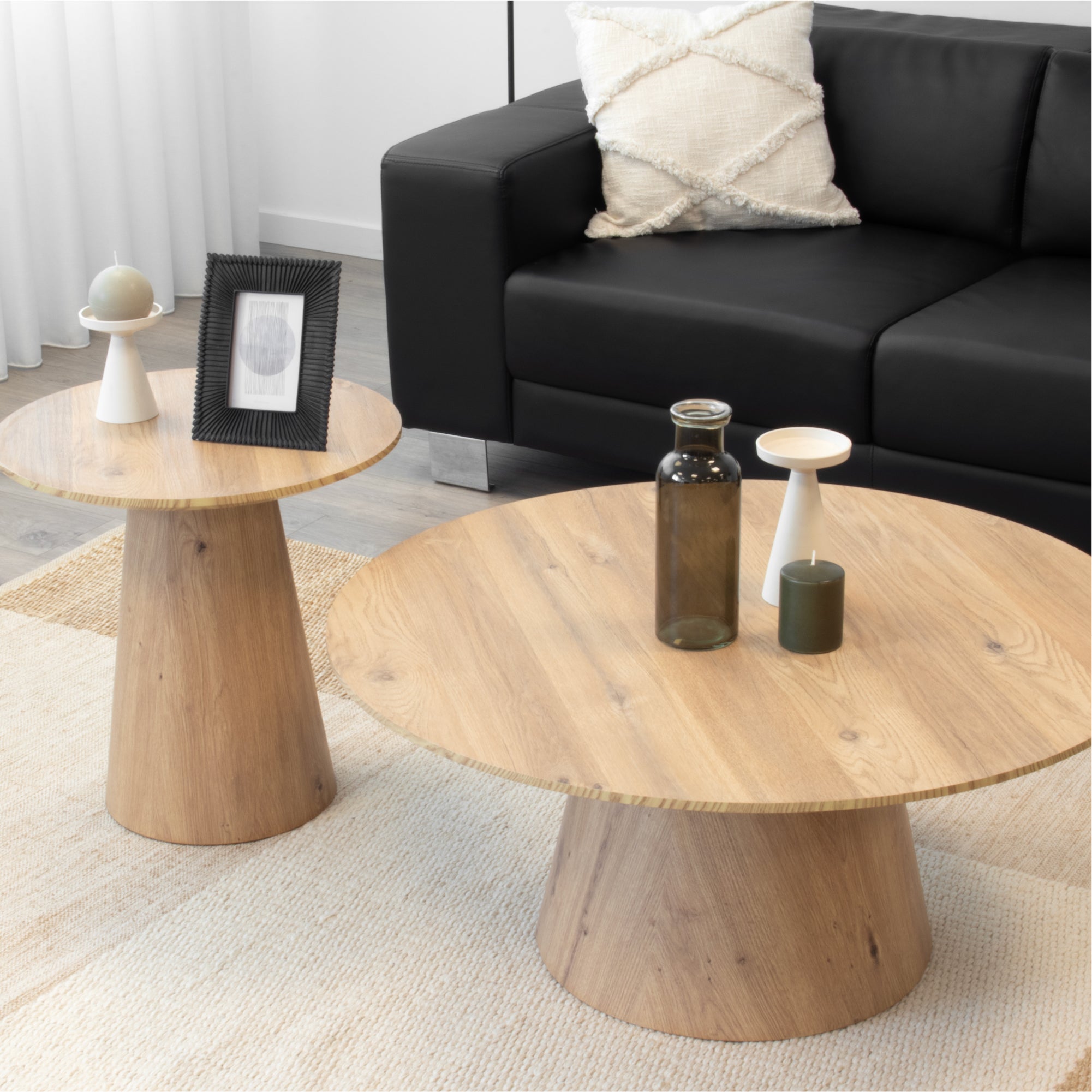 SYLVIA | Conjunto de 2 mesas de café/centro con tablero de melamina de 25 mm y estructura en MDF Ø 90 y Ø 50 cm