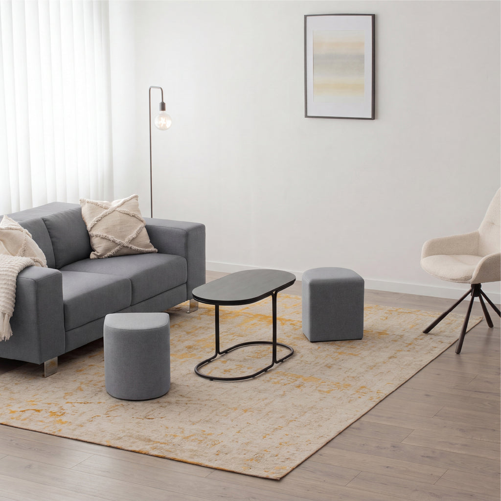 DUNCAN - Mesa de centro efeito madeira preta com 2 bancos em tecido cinzento, 78x34 cm