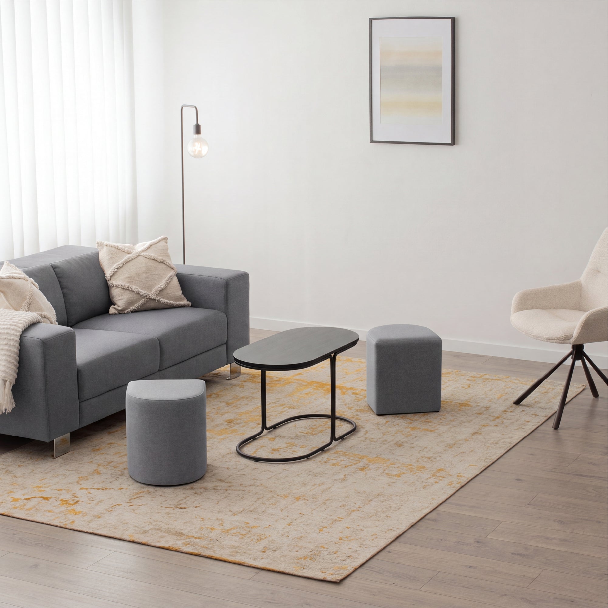DUNCAN - Mesa de centro efeito madeira preta com 2 bancos em tecido cinzento, 78x34 cm