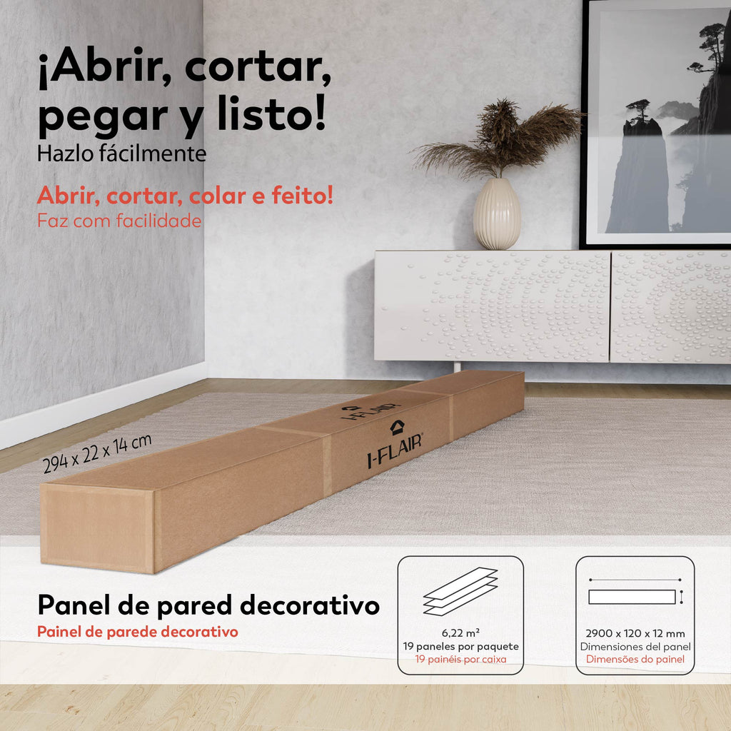 SLENDER - Paneles decorativos de pared en poliestireno blanco RAL 9003 pintable, 290 × 12 cm, pack de 19 para 6,22 m²