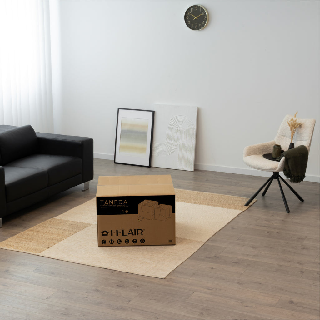 TANEDA - Conjunto de 2 mesas de centro quadradas em MDF com acabamento efeito pedra bege claro - 60 e 51 cm