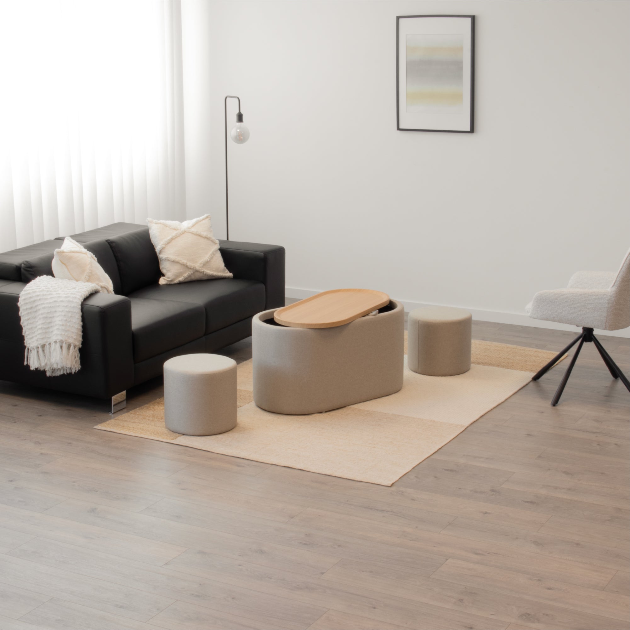 GIGLIO - Mesa de centro con 2 asientos encajables, tablero efecto roble y revestimiento en tejido beige (87x47x45 cm)