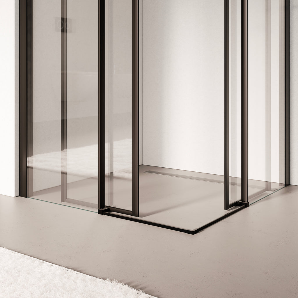 KAYLEE - Cabina de ducha angular con puertas correderas, cristal transparente de 6 mm y perfil negro mate