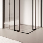 KAYLEE - Cabina de ducha angular con puertas correderas, cristal transparente de 6 mm y perfil negro mate