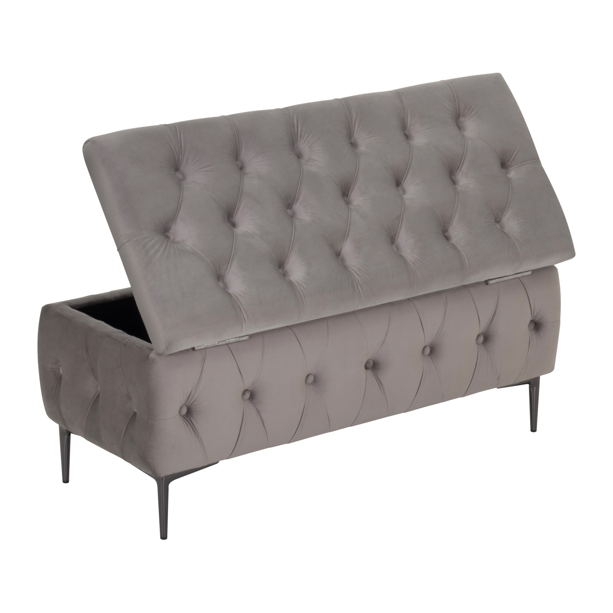 AMOUR - Banqueta baú em veludo cinzento com arrumação interior, assento capitonné e pernas metálicas pretas