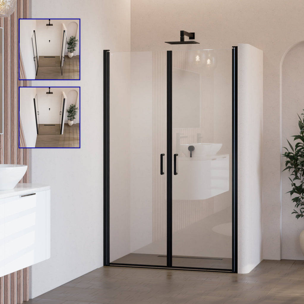 STELLA - Porta doccia con ante a battente in vetro temperato e profili neri